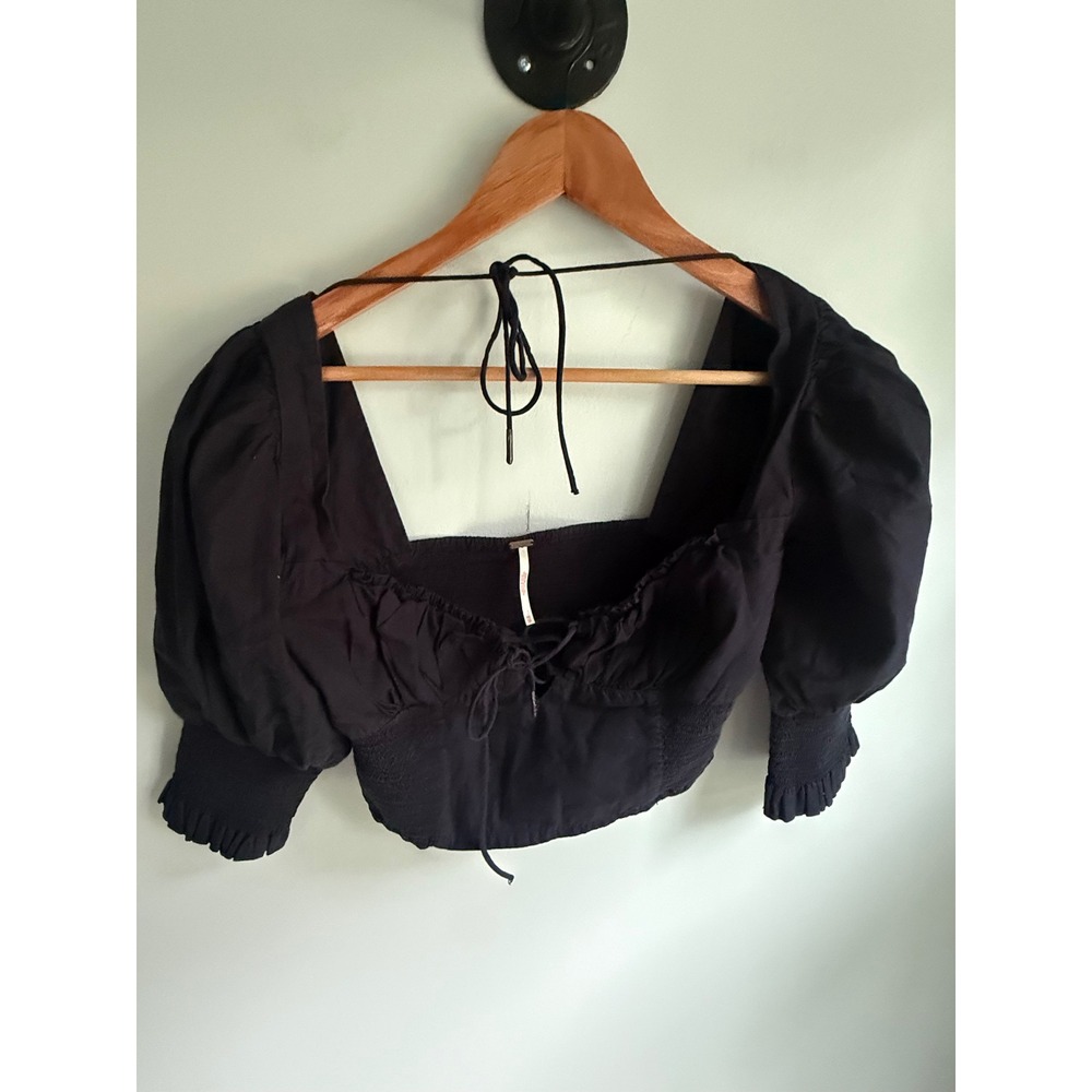 Free People Black Puff Sleeve Lace Up Front Smocked Crop Top Womens XS Boho